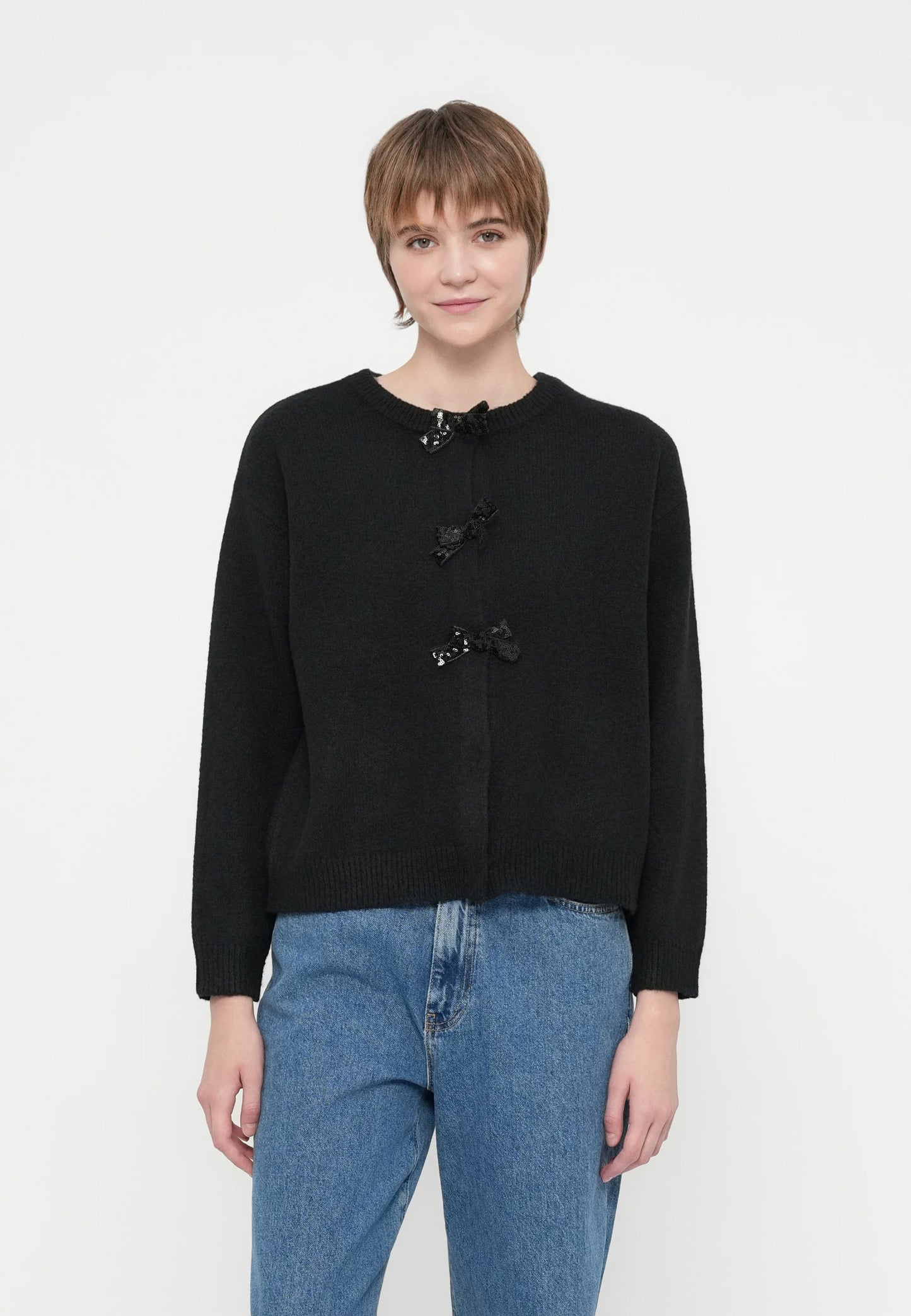 VIBRIANNA O-NECK L/S BOW KNIT CARDIGAN