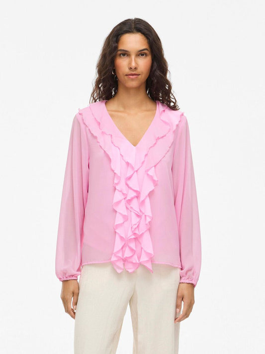 VIANE L/S V-NECK FRILL TOP - NOOS
