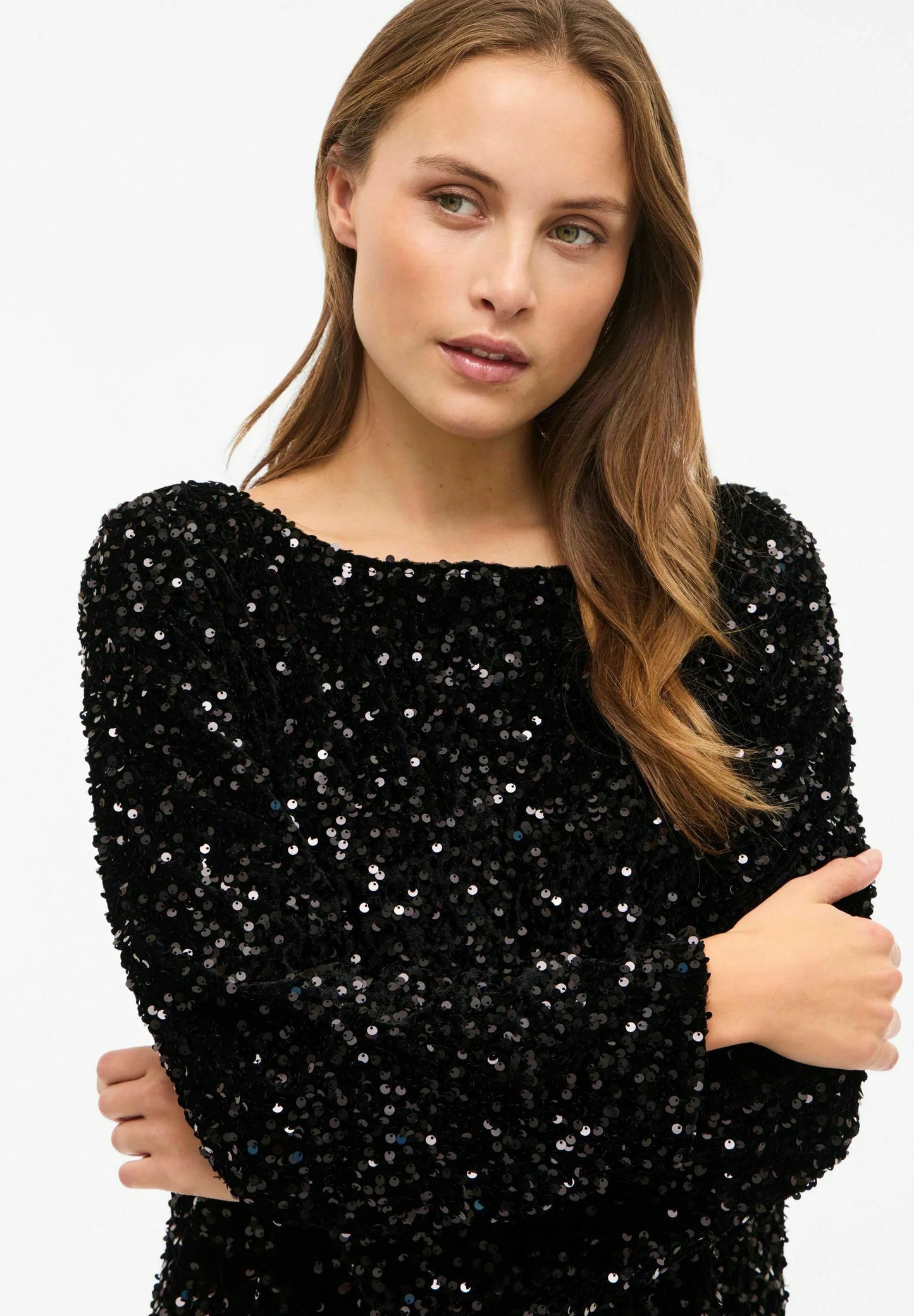 VIFAITH BOAT NECK L/S SEQUIN TOP/1